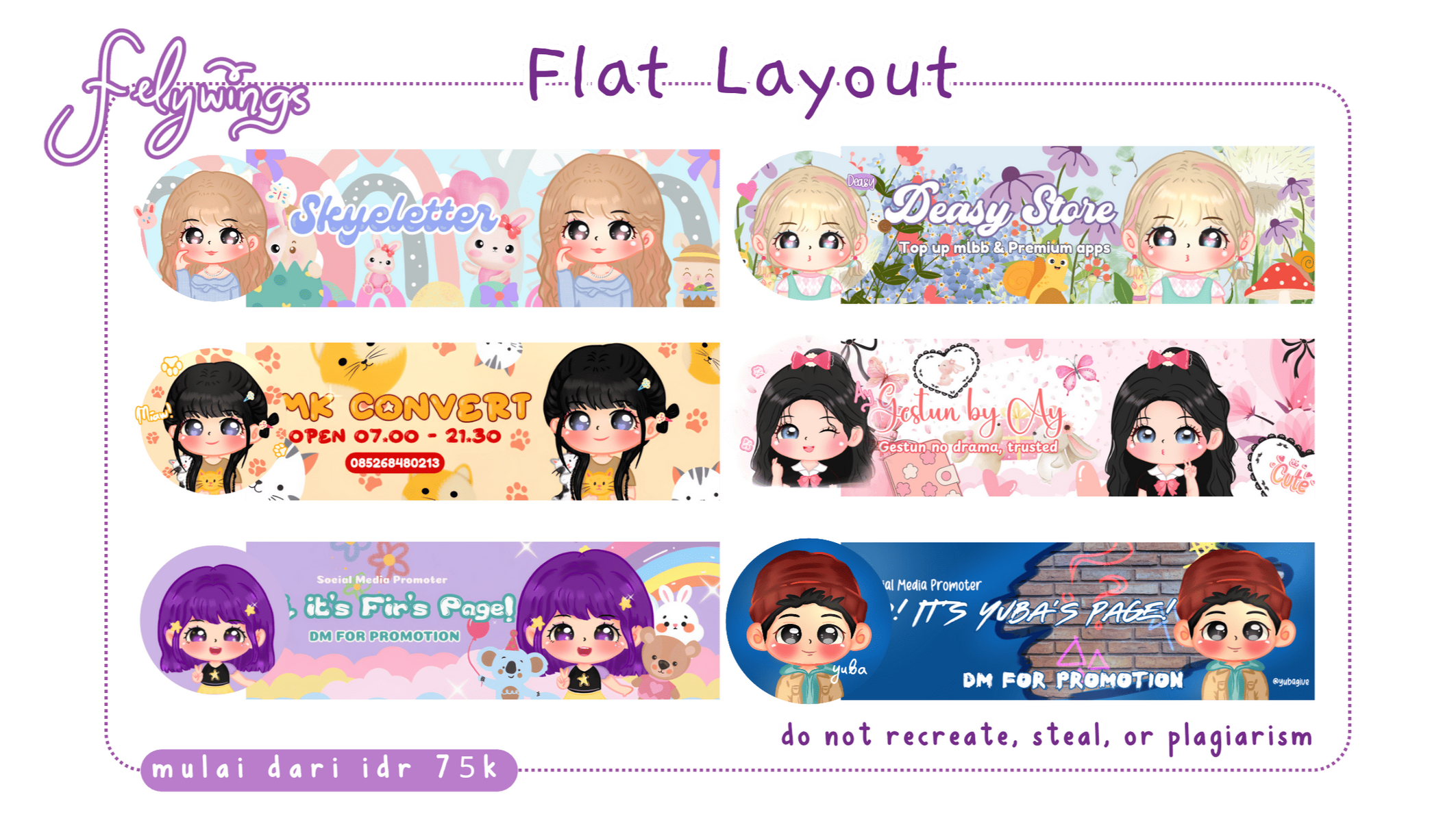 ==Flat layout, Sebuah design sampul header dan pfp chibi dengan latar belakang tema dan warna==