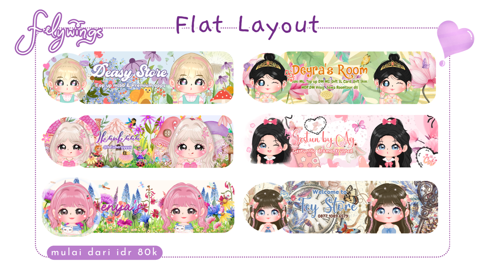 ==Flat layout, Sebuah design sampul header dan pfp chibi dengan latar belakang tema dan warna==