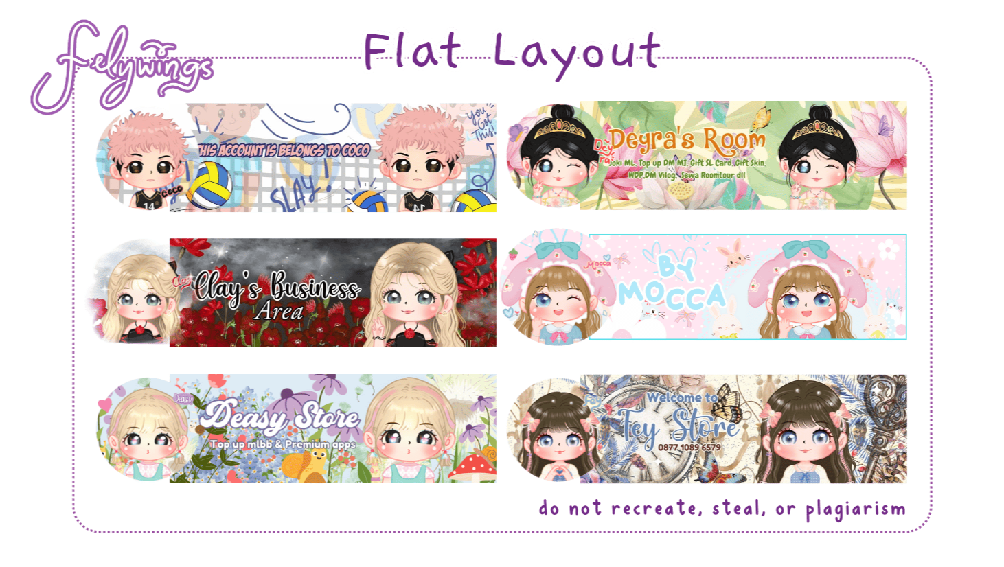 ==Flat layout, Sebuah design sampul header dan pfp chibi dengan latar belakang tema dan warna==